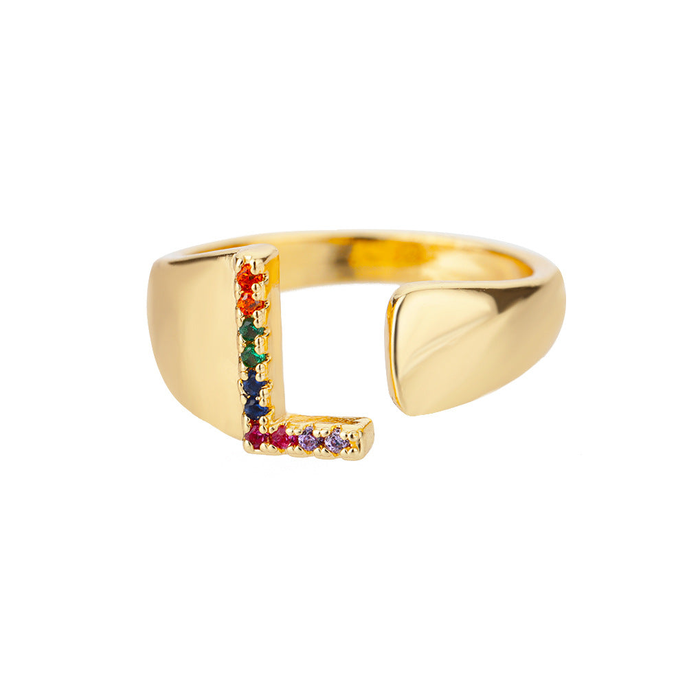 18K Gold Plated Micro Pave Colorful Zircon Letter Ring with 26 Letters Open Design