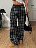 Loose Lazy Style Straight Leg Plaid Patchwork High Waist Drape Casual Sweatpants
