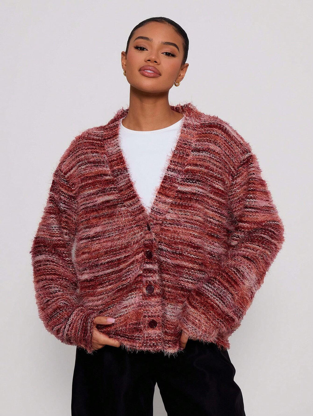 Fashionable Vintage Deep V-Neck Melange Fleece Long Sleeve Cardigan