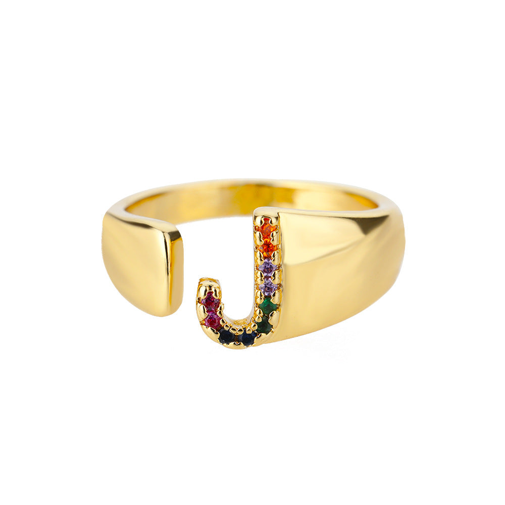 18K Gold Plated Micro Pave Colorful Zircon Letter Ring with 26 Letters Open Design