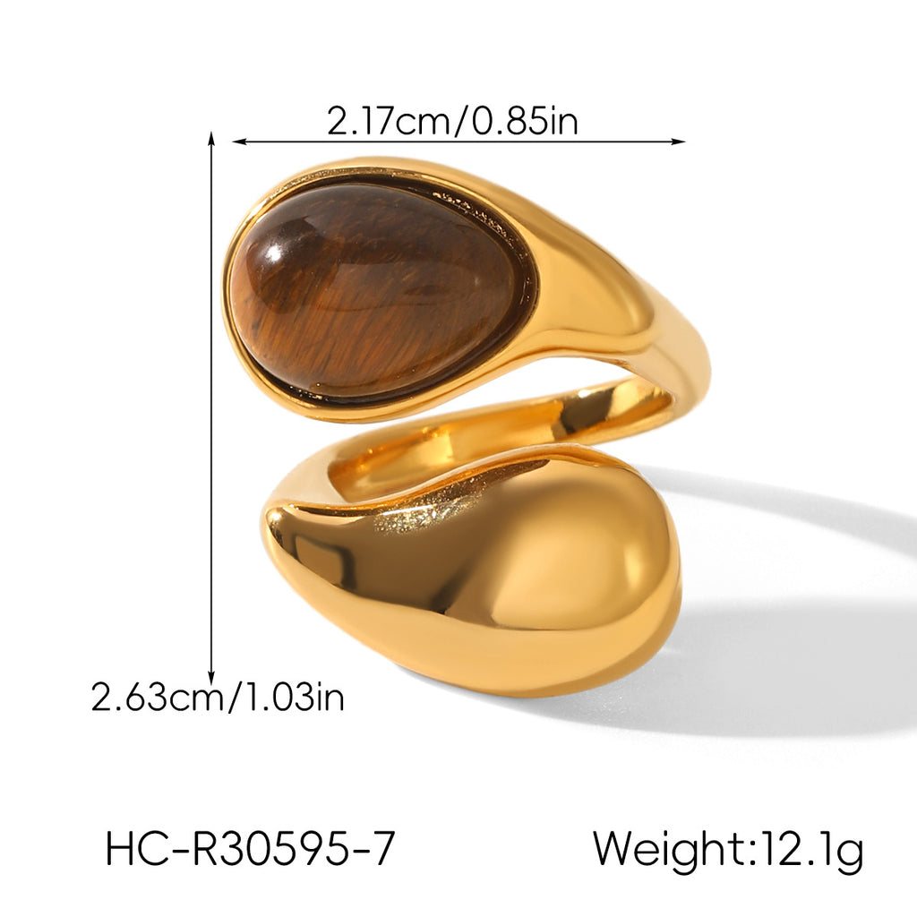 Waterdrop shaped stainless steel inlaid tiger eye stone ring