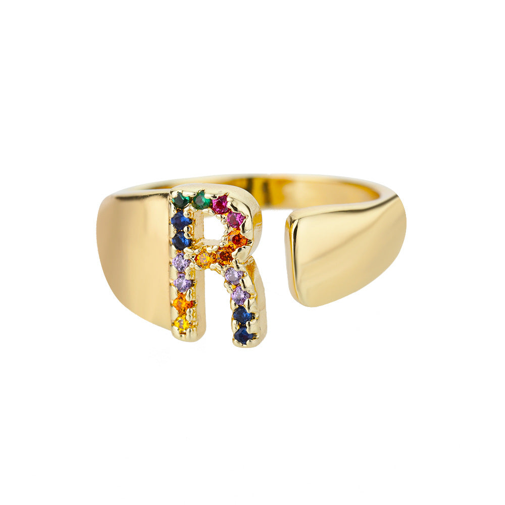 18K Gold Plated Micro Pave Colorful Zircon Letter Ring with 26 Letters Open Design