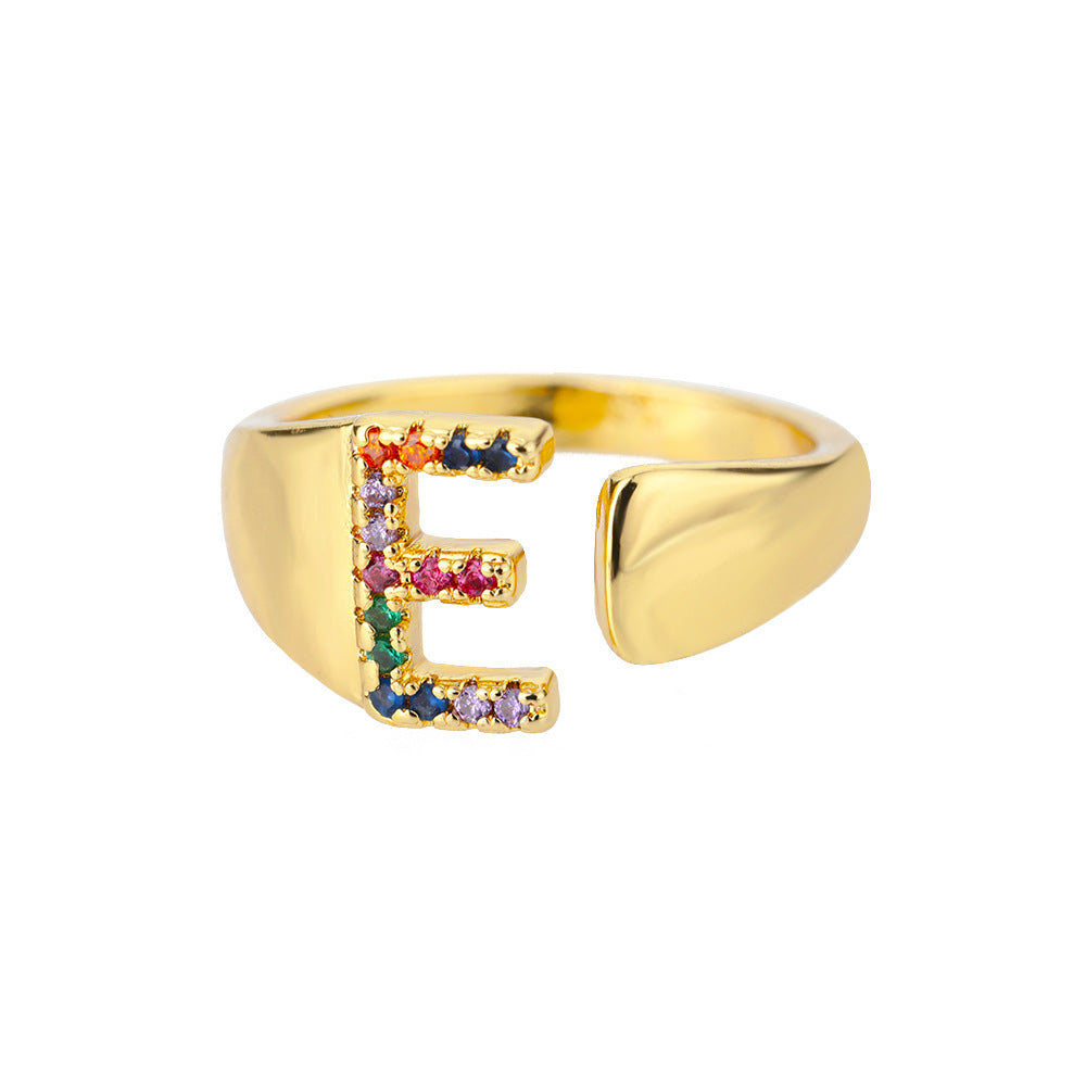 18K Gold Plated Micro Pave Colorful Zircon Letter Ring with 26 Letters Open Design