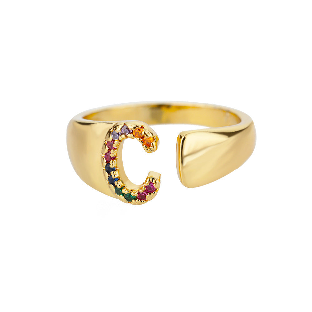 18K Gold Plated Micro Pave Colorful Zircon Letter Ring with 26 Letters Open Design